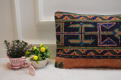 Orange Turkish Rug Lumbar Pillow: Vintage Woven Wool Case (12x20 in)