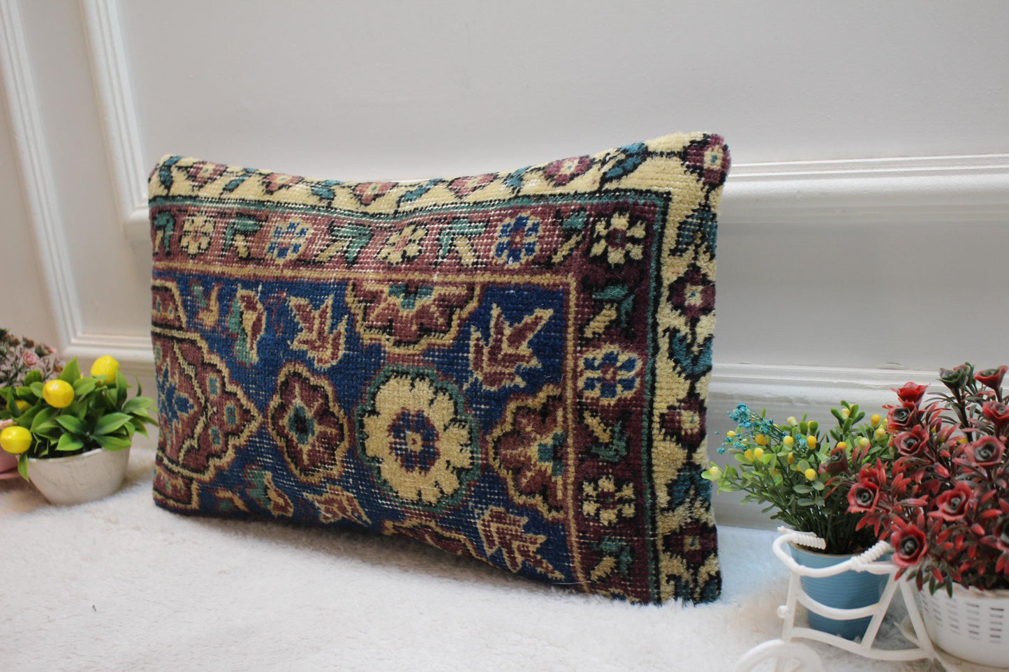 Blue Floral Kilim Pillow Cover: 12x20 Lumbar Pillow, Upcycled Rug