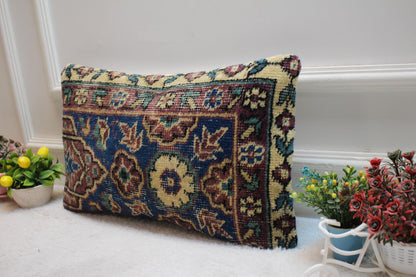 Blue Floral Kilim Pillow Cover: 12x20 Lumbar Pillow, Upcycled Rug