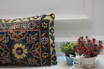Blue Floral Kilim Pillow Cover: 12x20 Lumbar Pillow, Upcycled Rug