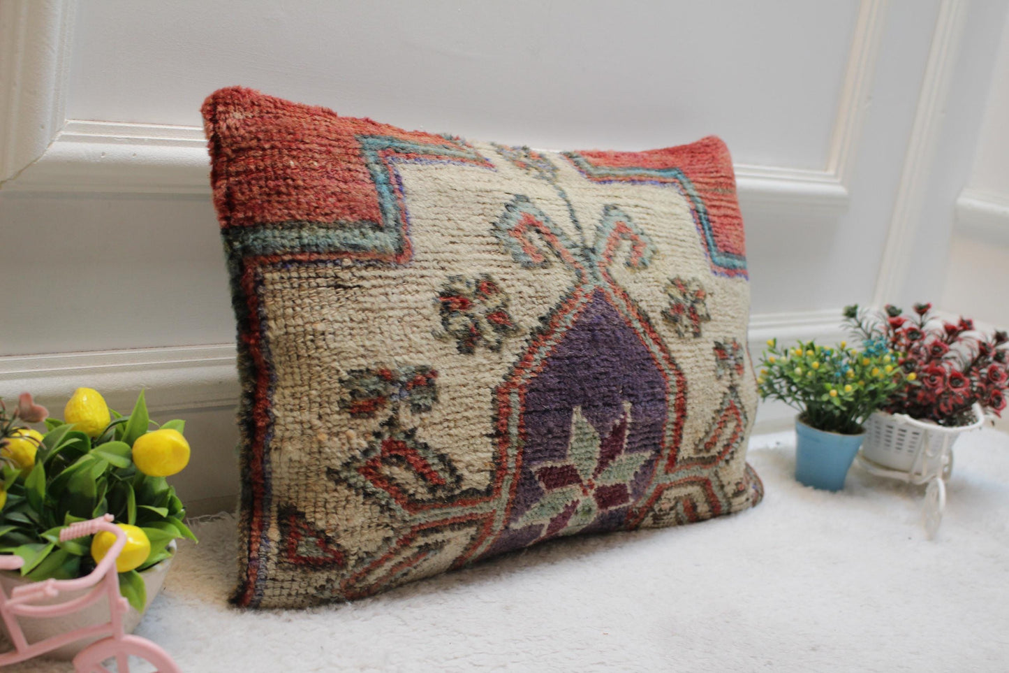 Handmade Kilim Lumbar Pillow Cover: Boho Bedroom Decor (12x20 inc)