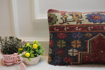 Floral Kilim Lumbar Pillow Cover: Upcycled Woven Rug, 12x20 inch