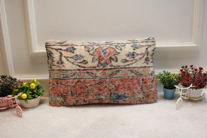 Red & White Anatolian Kilim Lumbar Pillow Cover (12x20 in)