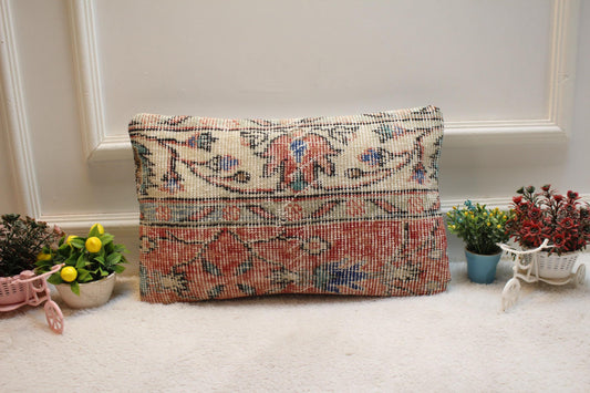 Red & White Anatolian Kilim Lumbar Pillow Cover (12x20 in)