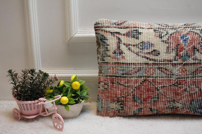 Red & White Anatolian Kilim Lumbar Pillow Cover (12x20 in)