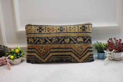 Handmade Turkish Rug Lumbar Pillow Cover: Vintage Blue Beige Kilim (12x20 in)