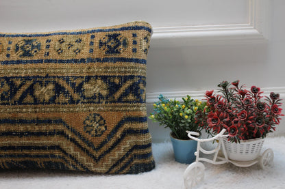 Handmade Turkish Rug Lumbar Pillow Cover: Vintage Blue Beige Kilim (12x20 in)