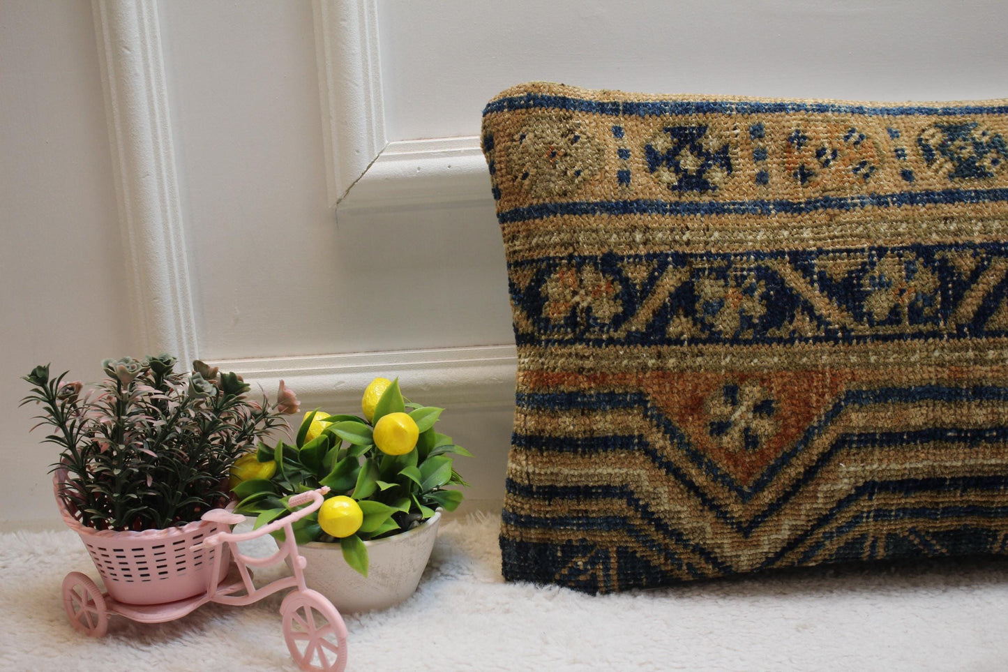 Handmade Turkish Rug Lumbar Pillow Cover: Vintage Blue Beige Kilim (12x20 in)
