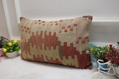 Geometric Kilim Pillow Cover: Red Beige Woven Rug, 12x20