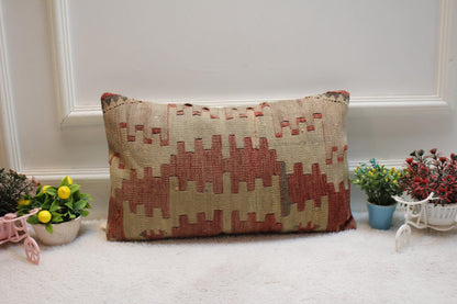 Geometric Kilim Pillow Cover: Red Beige Woven Rug, 12x20