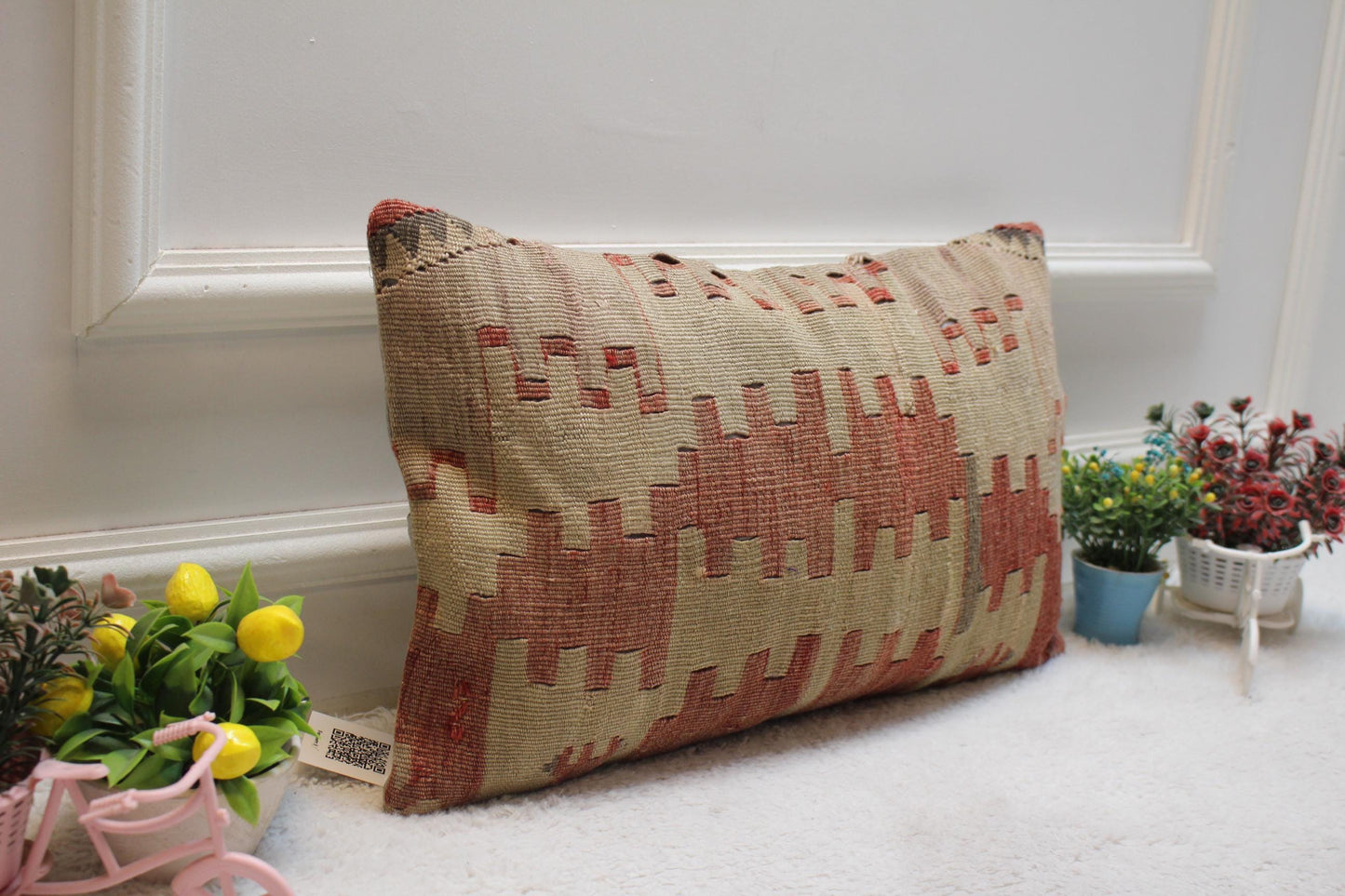 Geometric Kilim Pillow Cover: Red Beige Woven Rug, 12x20