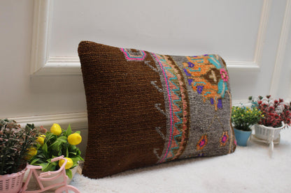 Handmade Wool Turkish Rug Lumbar Pillow Cover: Upcycled Kilim, 12x20 inch