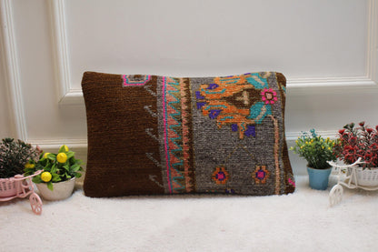Handmade Wool Turkish Rug Lumbar Pillow Cover: Upcycled Kilim, 12x20 inch