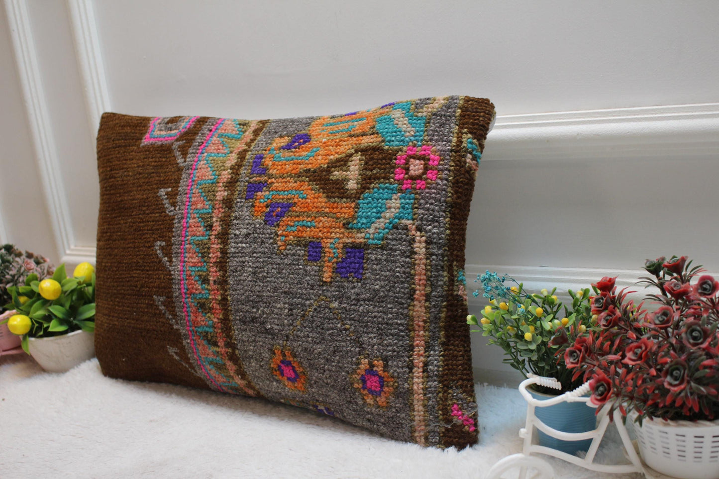 Handmade Wool Turkish Rug Lumbar Pillow Cover: Upcycled Kilim, 12x20 inch