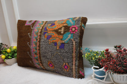 Handmade Wool Turkish Rug Lumbar Pillow Cover: Upcycled Kilim, 12x20 inch
