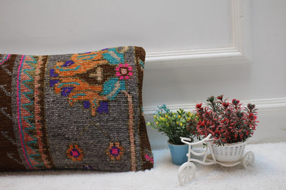 Handmade Wool Turkish Rug Lumbar Pillow Cover: Upcycled Kilim, 12x20 inch