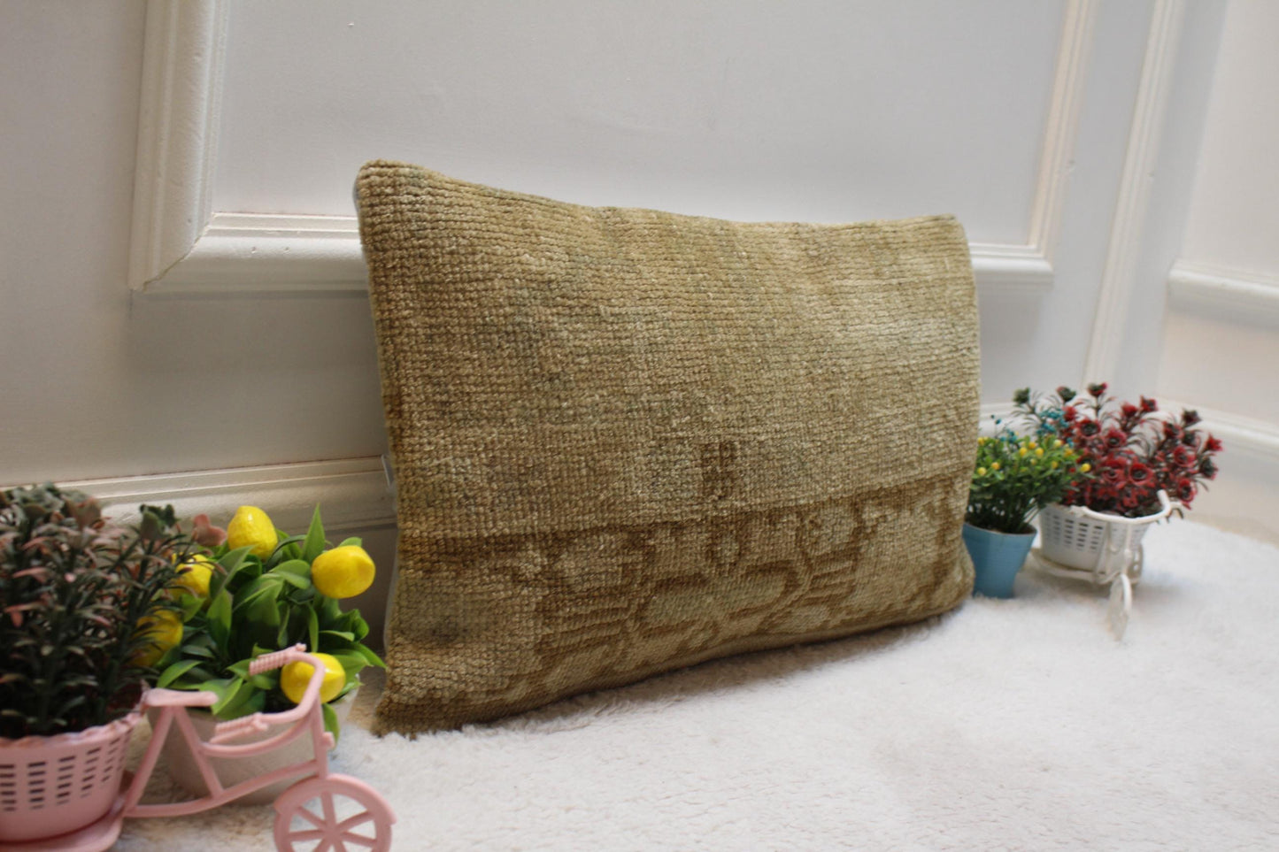 Vintage Turkish Rug Pillow Cover: Brown Wool Lumbar Pillow (12x20 in)