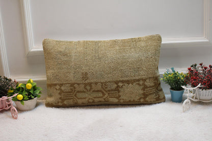 Vintage Turkish Rug Pillow Cover: Brown Wool Lumbar Pillow (12x20 in)