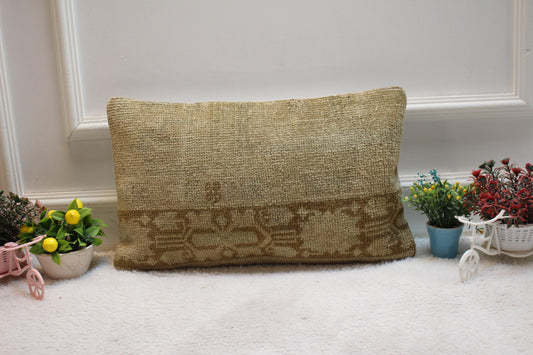 Vintage Turkish Rug Pillow Cover: Brown Wool Lumbar Pillow (12x20 in)