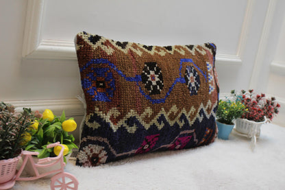 Handmade Brown Wool Lumbar Pillow Cover: Turkish Kilim Design (12x20 in)