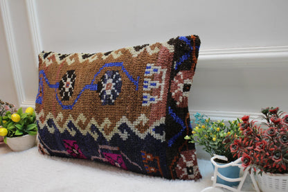 Handmade Brown Wool Lumbar Pillow Cover: Turkish Kilim Design (12x20 in)