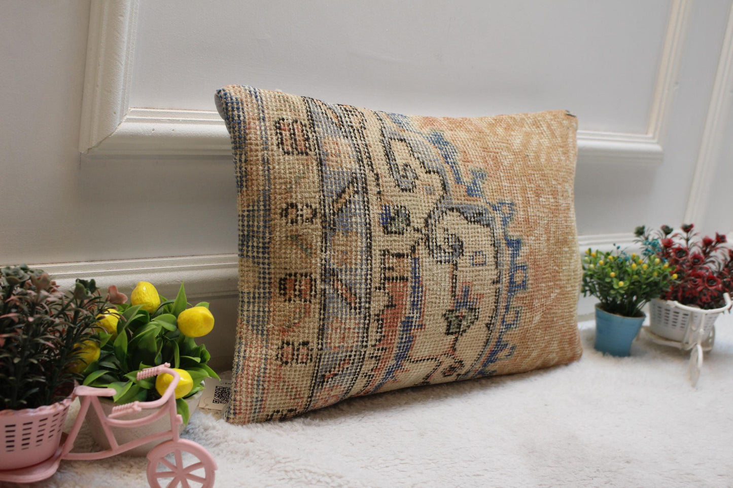 Handmade Turkish Rug Lumbar Pillow Cover: Orange Vintage Kilim, 12x20 inch