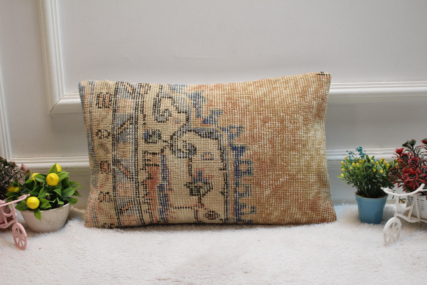 Handmade Turkish Rug Lumbar Pillow Cover: Orange Vintage Kilim, 12x20 inch