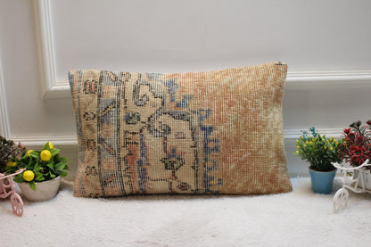 Handmade Turkish Rug Lumbar Pillow Cover: Orange Vintage Kilim, 12x20 inch