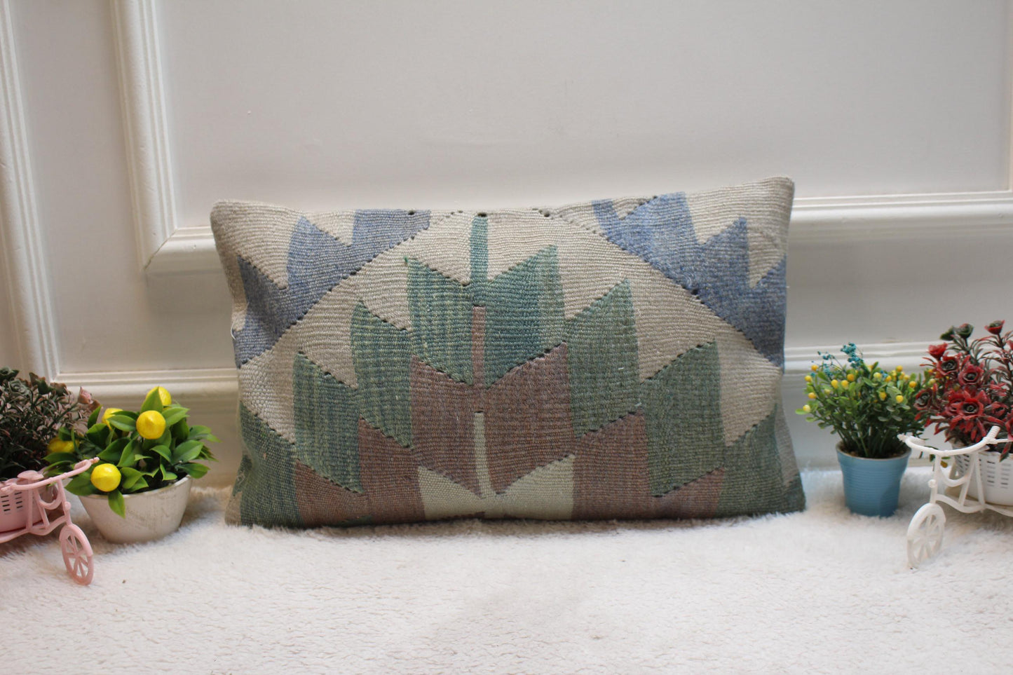 Handmade Kilim Lumbar Pillow Cover: Geometric Woven Rug, 12x20 inch