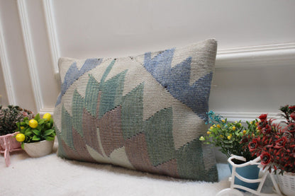 Handmade Kilim Lumbar Pillow Cover: Geometric Woven Rug, 12x20 inch
