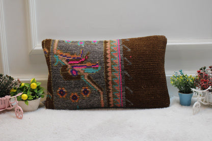 Handmade Wool Lumbar Pillow Cover: Upcycled Anatolian Kilim (12x20 in)