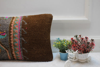 Handmade Wool Lumbar Pillow Cover: Upcycled Anatolian Kilim (12x20 in)