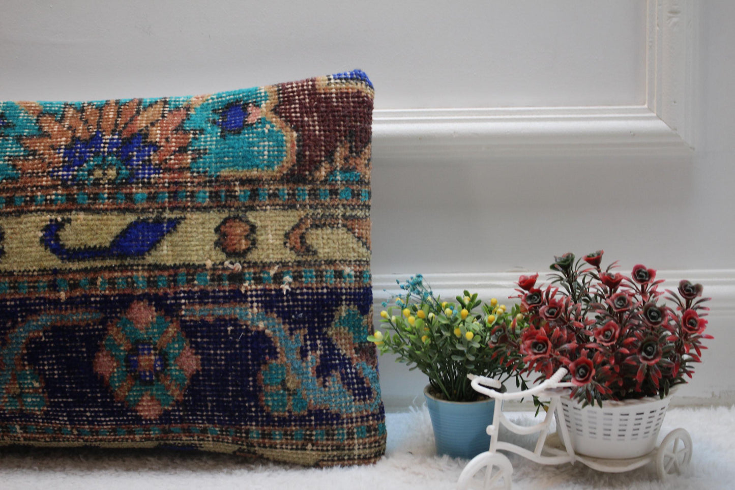 Handmade Kilim Pillow Cover: Upcycled Woven Rug, Blue Accent (12x20 in)