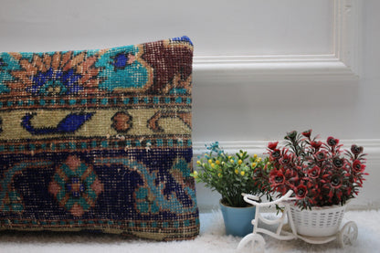 Handmade Kilim Pillow Cover: Upcycled Woven Rug, Blue Accent (12x20 in)