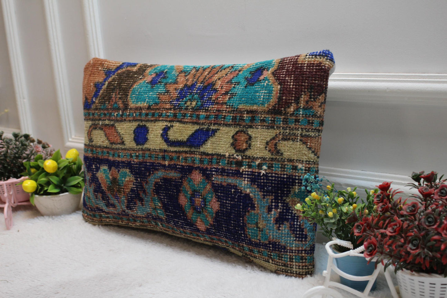 Handmade Kilim Pillow Cover: Upcycled Woven Rug, Blue Accent (12x20 in)