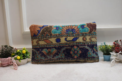Handmade Kilim Pillow Cover: Upcycled Woven Rug, Blue Accent (12x20 in)