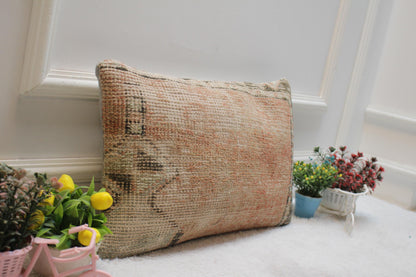 Vintage Turkish Rug Pillow Cover: Beige Woven Lumbar Pillow (12x20 in)