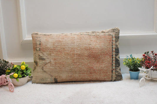 Vintage Turkish Rug Pillow Cover: Beige Woven Lumbar Pillow (12x20 in)