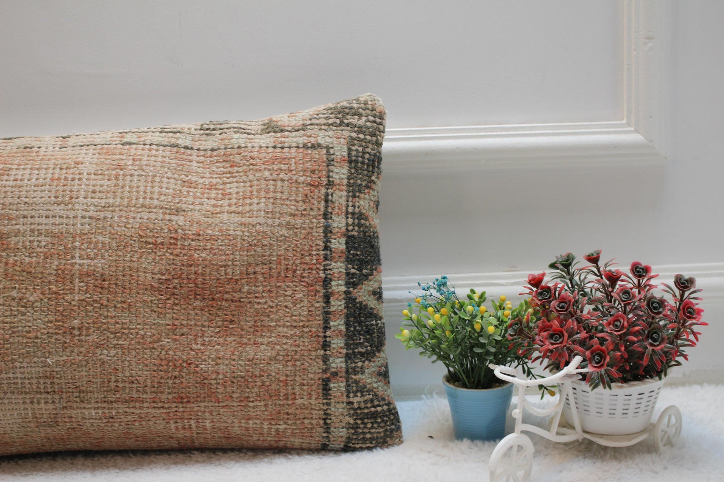 Vintage Turkish Rug Pillow Cover: Beige Woven Lumbar Pillow (12x20 in)