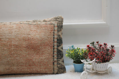 Vintage Turkish Rug Pillow Cover: Beige Woven Lumbar Pillow (12x20 in)