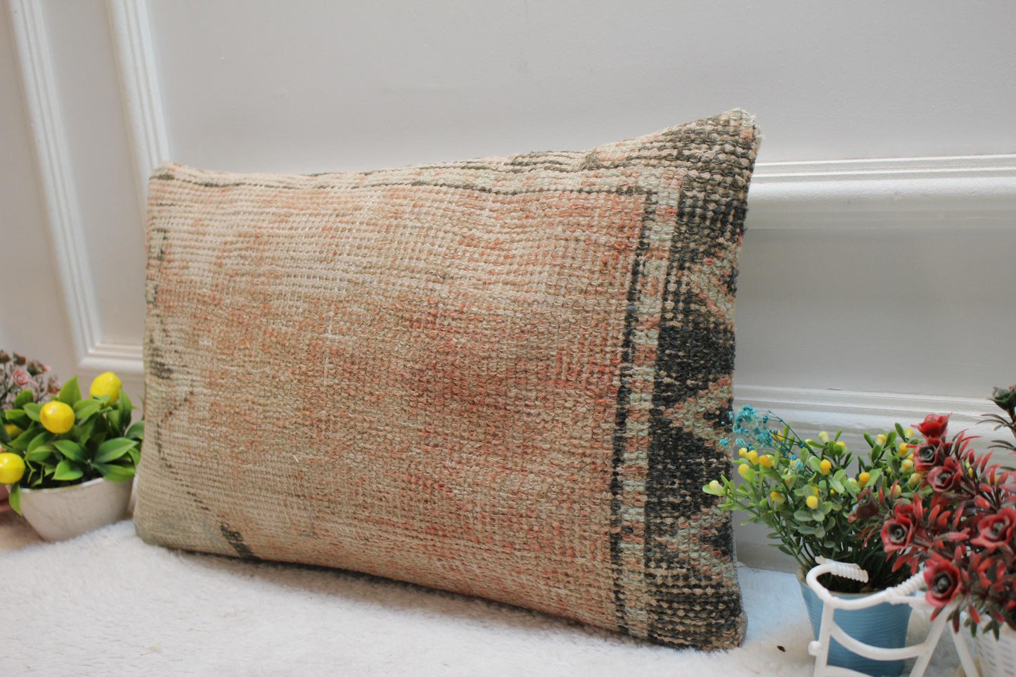 Vintage Turkish Rug Pillow Cover: Beige Woven Lumbar Pillow (12x20 in)