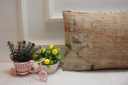 Vintage Turkish Rug Pillow Cover: Beige Woven Lumbar Pillow (12x20 in)