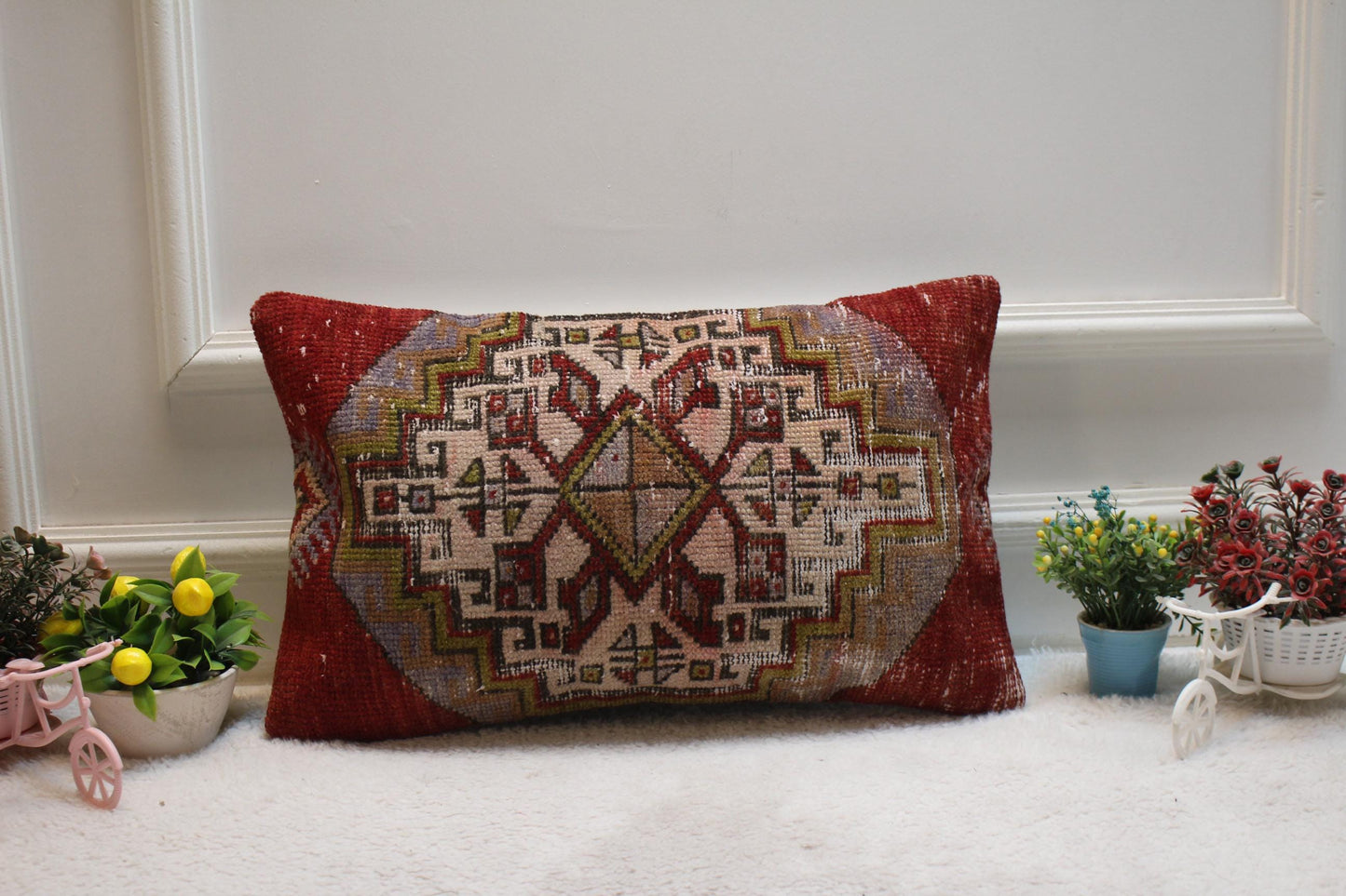 Red Vintage Turkish Rug Pillow Cover: Lumbar Kilim Pillow, 12x20 inc