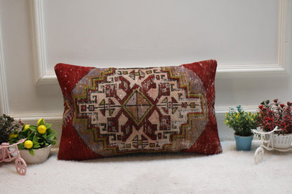 Red Vintage Turkish Rug Pillow Cover: Lumbar Kilim Pillow, 12x20 inc