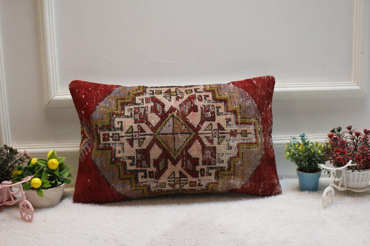 Red Vintage Turkish Rug Pillow Cover: Lumbar Kilim Pillow, 12x20 inc