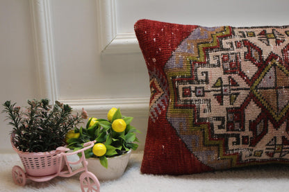 Red Vintage Turkish Rug Pillow Cover: Lumbar Kilim Pillow, 12x20 inc
