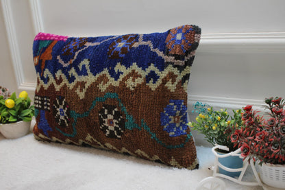 Anatolian Kilim Lumbar Pillow Cover: Blue Brown Organic Wool (12x20 inc)