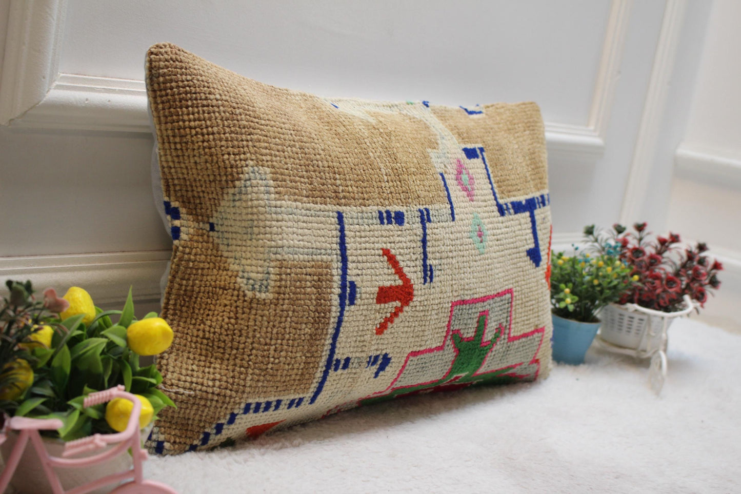 Handmade Kilim Pillow Cover: Upcycled Turkish Wool Rug, 12x20 inc
