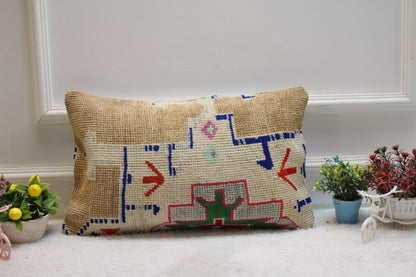 Handmade Kilim Pillow Cover: Upcycled Turkish Wool Rug, 12x20 inc