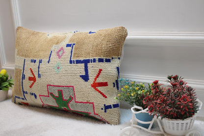 Handmade Kilim Pillow Cover: Upcycled Turkish Wool Rug, 12x20 inc
